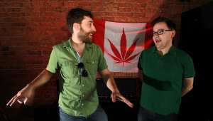 Higher Limits co-owner Alex Newman (left) and Jon Liedtke (right) discuss the federal government’s announcement on marijuana legalization, April 20, 2016. NICK BRANCACCIO / WINDSOR STAR