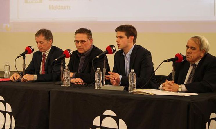 Town Hall panelists (from left to right): Alan Wildeman (president University of Windsor), Mark Meldrum (educator and stock market analyst), Rylan Kinnon (executive director OUSA), and Dr. John Strasser (president St. Clair College). (Jonathon Liedtke)