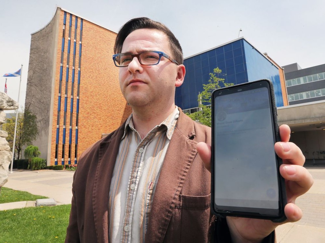 Downtown business owner Jon Liedtke is shown May 9, 2018, in front of city hall after filing a complaint with Windsor's integrity commissioner over Mayor Drew Dilkens blocking him on Twitter. PHOTO BY DAN JANISSE /Windsor Star