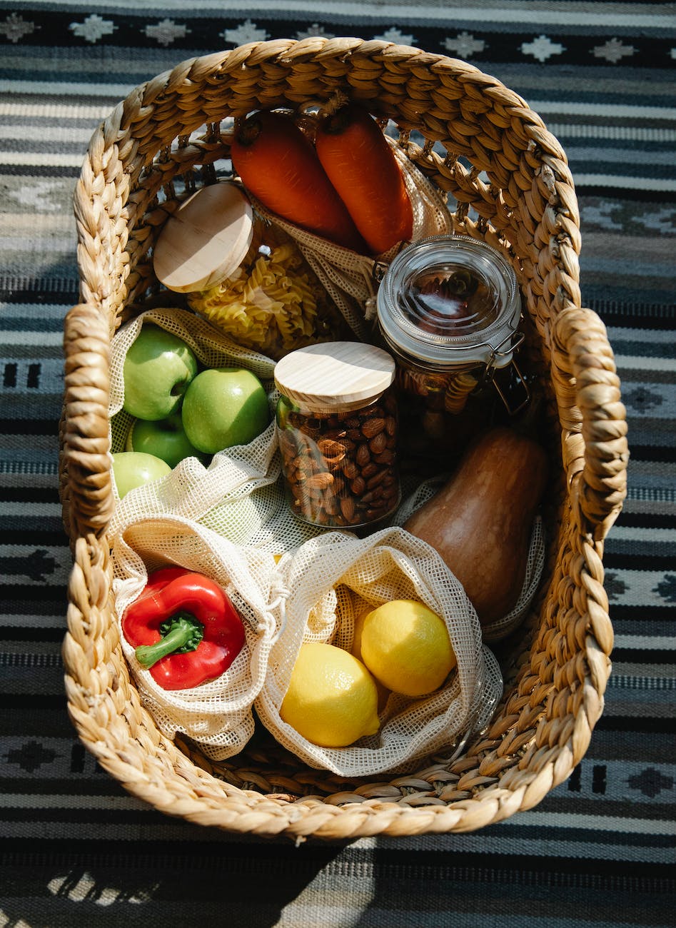 wicker basket with vegetables and products (Photo by Sarah Chai)