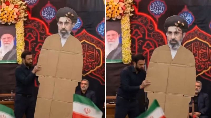 A cardboard cutout of Mojtaba Khamenei. (X)