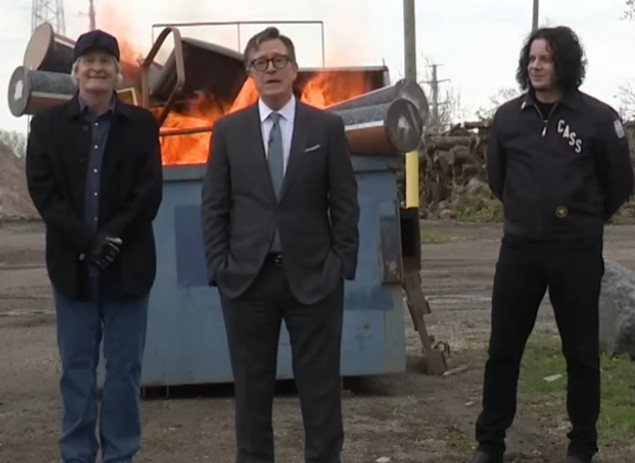 Stephen Colbert hosts again following his CBS ouster on Michigan public access with Jeff Daniels and Jack White (Colbert)