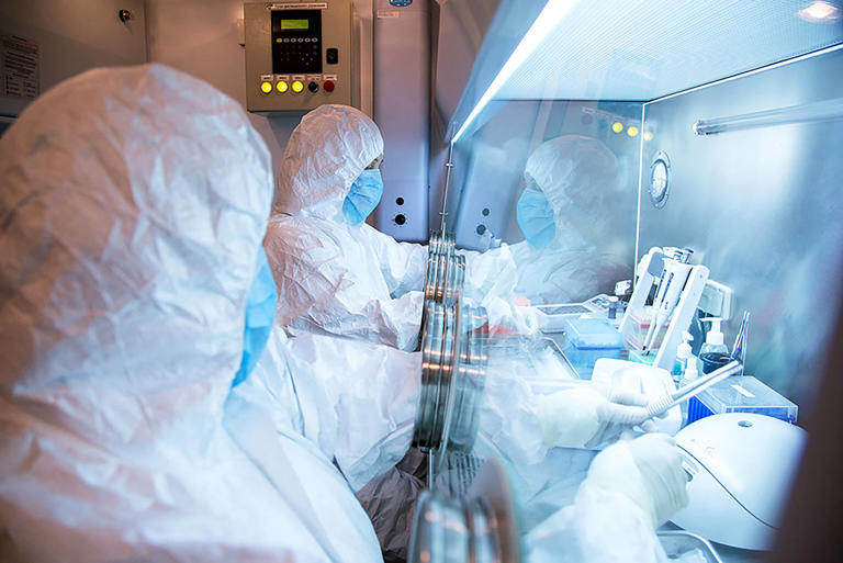Lab workers at the Siberian Anti-Plague Research Institute in Irkutsk Siberia (AP)